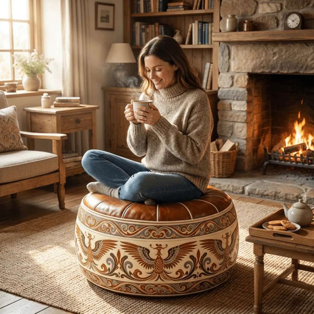 Retro Ethnic Style Sofa Stool Cover PU Leather Space Saving Pouf Cover Phoenix Pattern Foldable Tatami Stool Storage Function