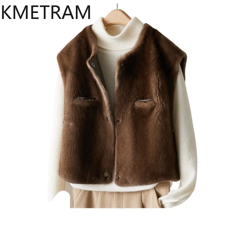 KMETRAM 100% سترة من فرو المنك الطبيعي بالكامل سترة من فراء القهوة بدون أكمام معاطف قصيرة للمرأة شتاء 2025 ملابس حريمي شوهبا نسائية #1