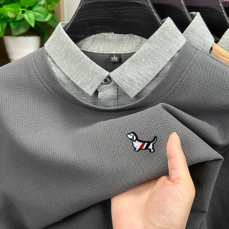 

Luxury Brand Men's Spring False Two-Piece Pullover Lapel Long Sleeves Embroidery Cartoon Hoodie Leisure Business Men's Clothing