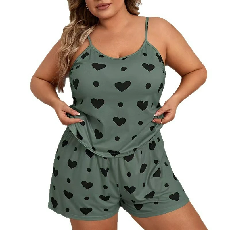 New European American Large-size Sexy Suspender Set Enlarged Pajamas Women's Love Printing Loungewear Comfortable Skin-friendly