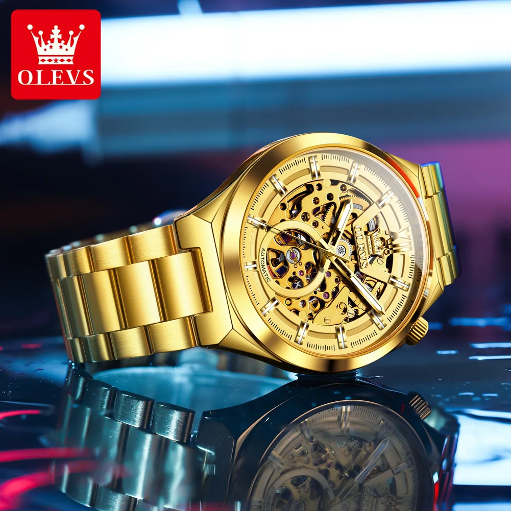 OLEVS Fashion Trend Luxury Skeleton Automatic Mechanical Men Watch Top Brand Original Stainless Steel Waterproof Wrist Watch Men