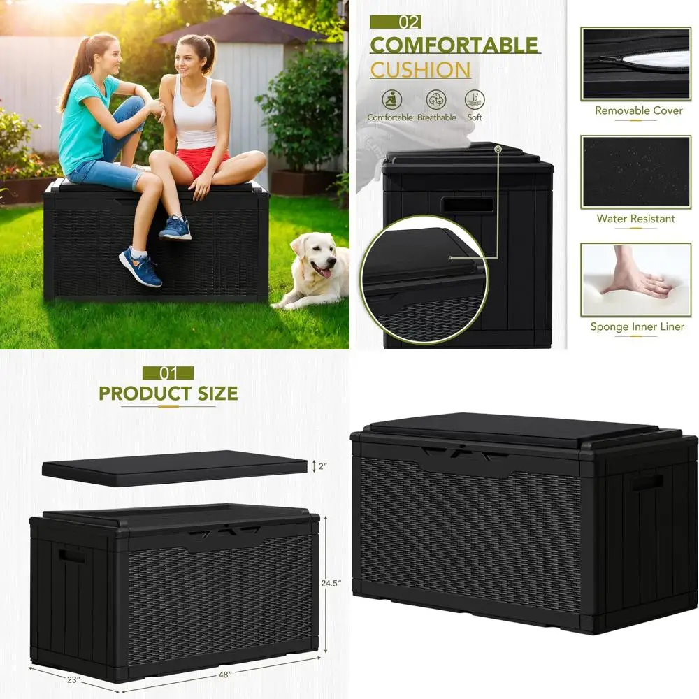 

100 Gallon Resin Deck Box with Cushion,Outdoor Weatherproof Large Storage Box,Lockable Storage Container for Patio Furniture,Gar