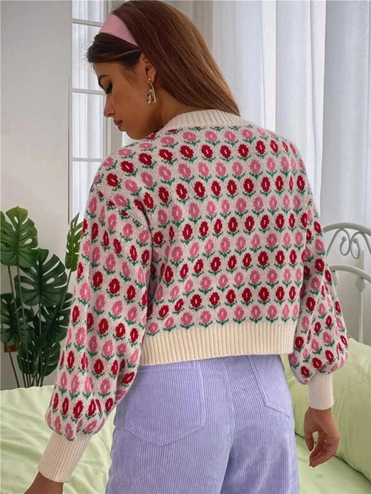 Sexy Cardigan Women Long Sleeve Top Knitted Y2k Clothes Crop Sweaters Preppy Flower Pattern Drop Shoulder Cardigans For Woman