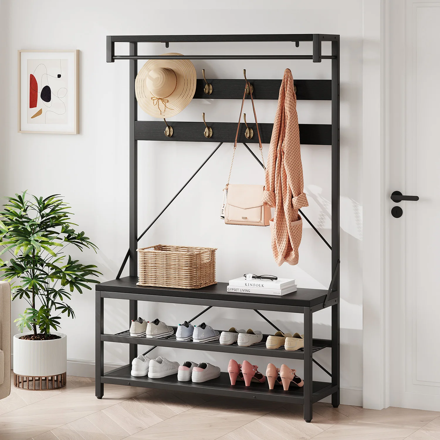 Industriële hal-kapstok met schoenenbank, 2-laags schoenenopbergruimte, haak, hangstang, metalen frame voor hal, kleedkamer, slaapkamer