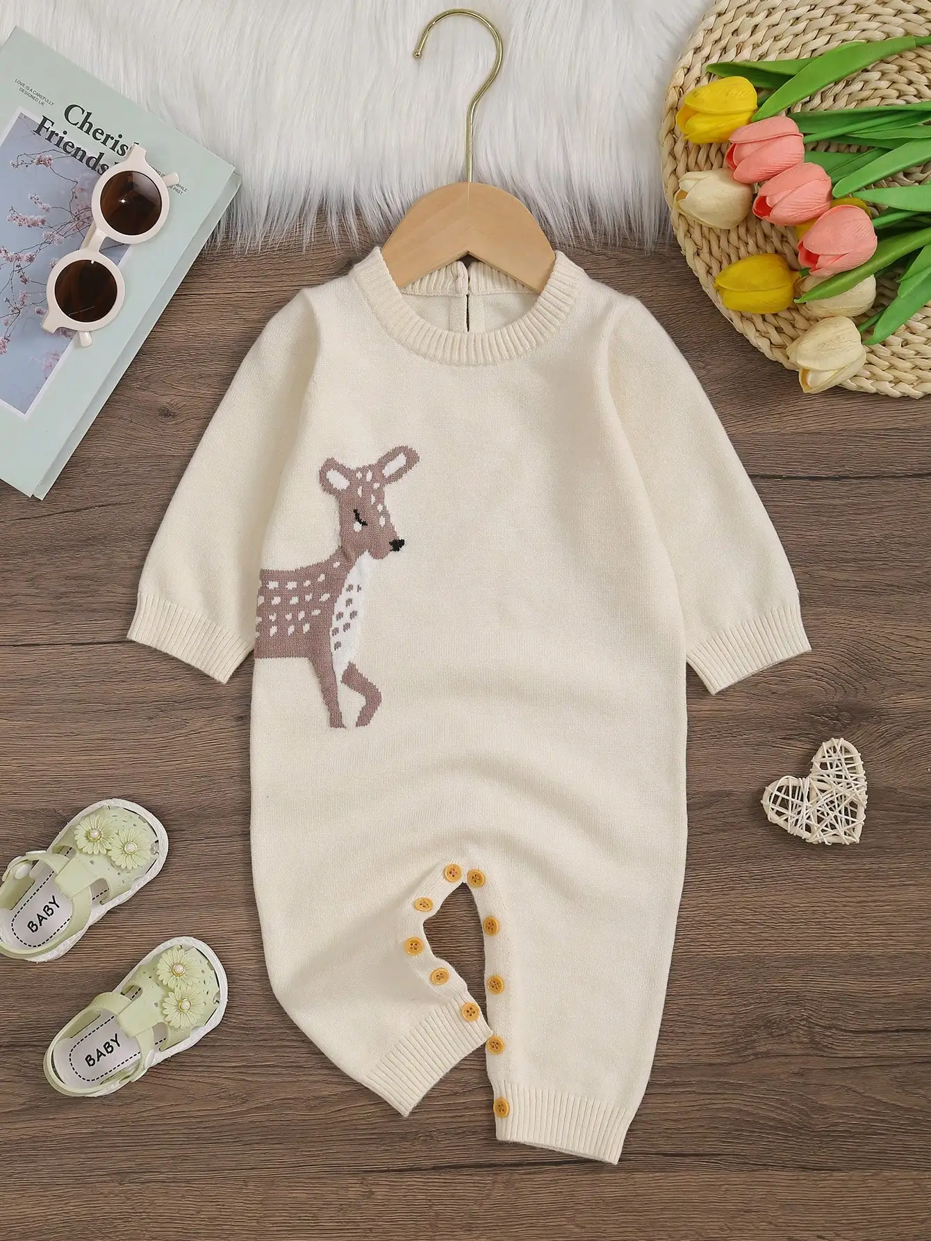 Baby Girl's Knitted Long-Sleeved Romper with Deer Pattern