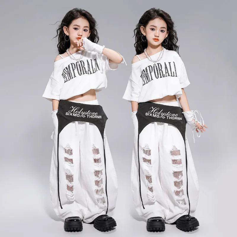 Kid Kpop Hip Hop Clothing White Letters Strap Tank Crop T Shirt Top Casual Distressed Pants for Girl Jazz Dance Costumes Clothes