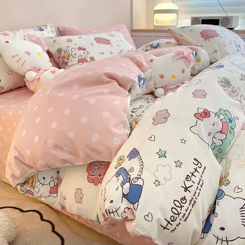 4Pcs/set Kawaii Anime Cartoon No.2 Hellokitty Bedding Quilt Cover Student Bedding Soft Microfiber Bedspread Lightweight Coverlet