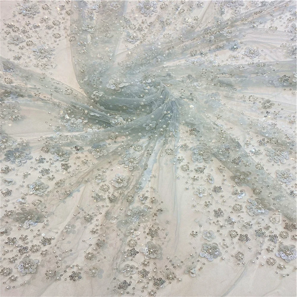 10 Colors Evening Party Gown Mesh Wedding Dress Appliqued Fabric Beaded Embroidered Sequin Plant Form Material