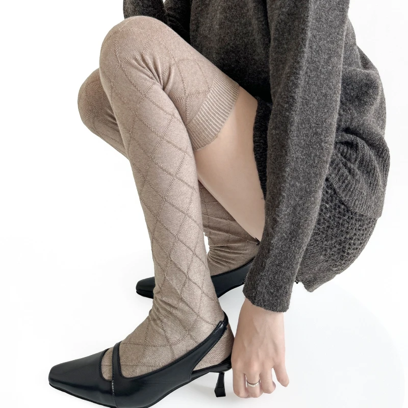 日本の女子高生風ストッキング、菱形ジャカード綿太もも丈ソックス、無地ニーハイソックス、太もも丈ストッキング