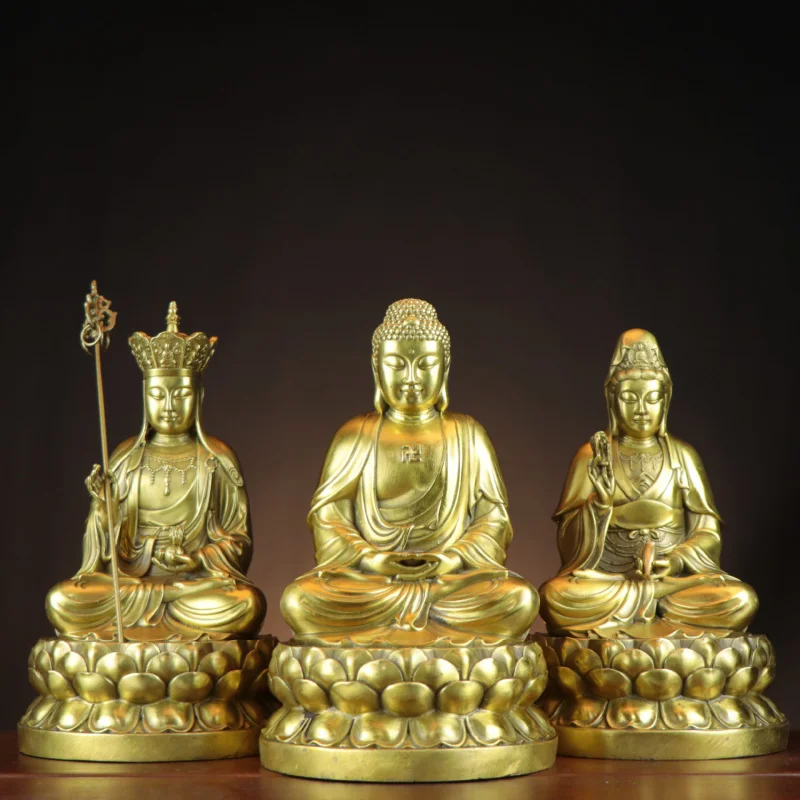 Brass Three Treasures Buddha: of Saints - Guanyin, Ksitigarbha, Amitabha. Home and shop decoration. Saha Triad of