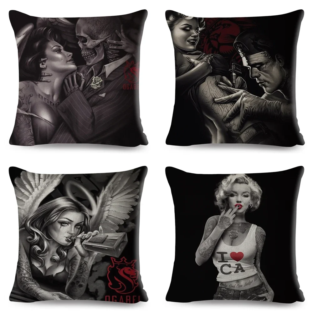 غطاء وسادة بطباعة كرتونية ، غطاء وسادة بتصميم جمجمة مثير للنساء والفتيات ، للأريكة ، المنزل ، السيارة ، البوليستر ، 45x45 سم