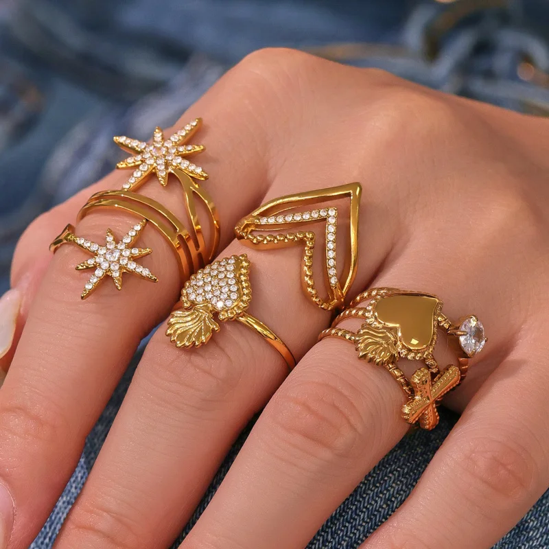 5A Super Shiny Zircon Eight-Pointed Star Stainless Steel Open Hollow Ring Plated 18K Gold Waterproof Color Retention Jewelry