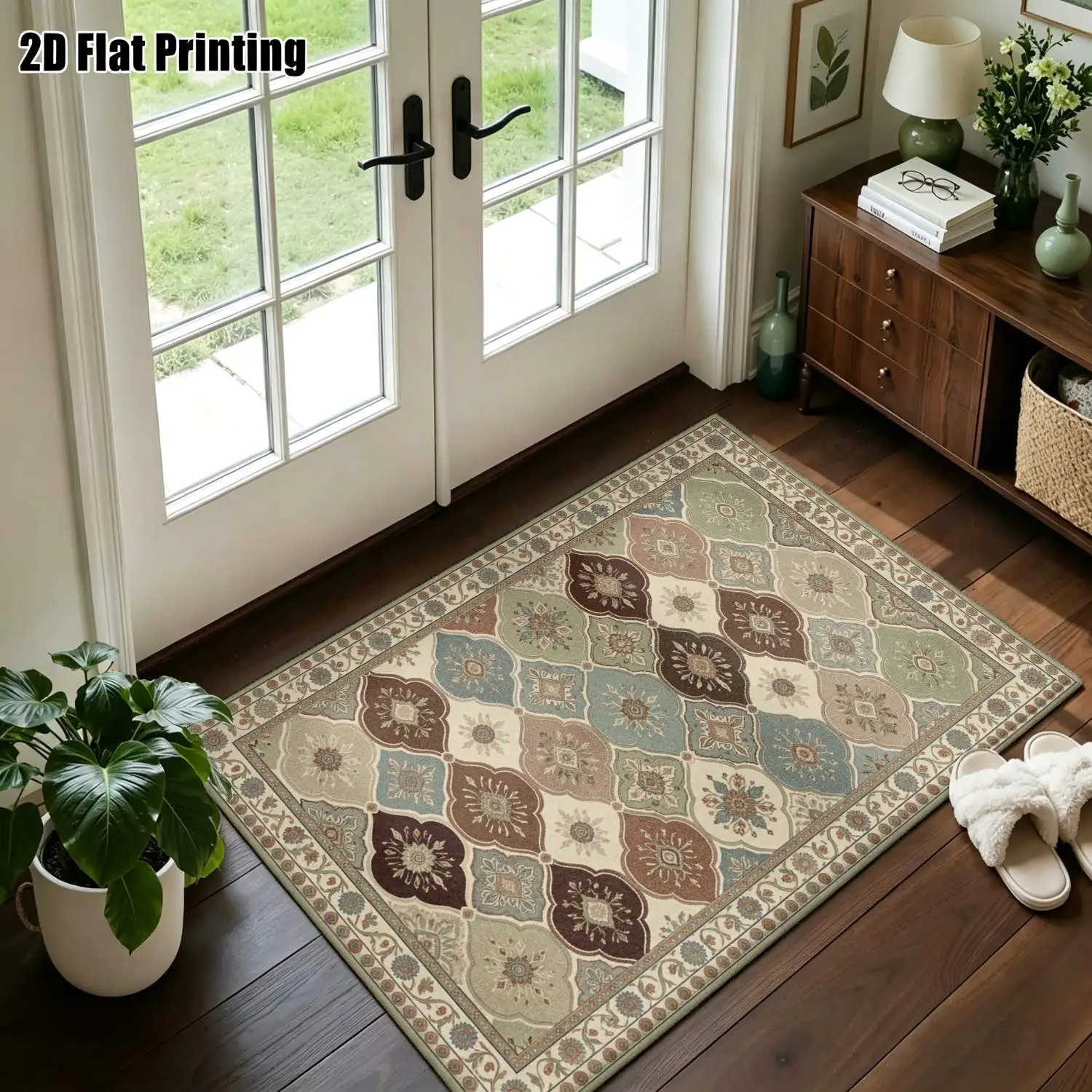 1Pc 2D Printed Retro Blue-Brown Geometric Pattern Carpet: European, Bohemian Style, Machine Washable, Multi-Size, Suitable for Home Decor Such as Entryway, Dining Room, Bedroom, Living Room Mats