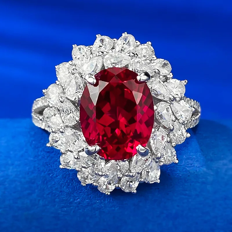 

S925 Silver Pigeon Blood Red Ruby Simulation Diamond 8x10mm Ring Gorgous Elegant Wedding Ring