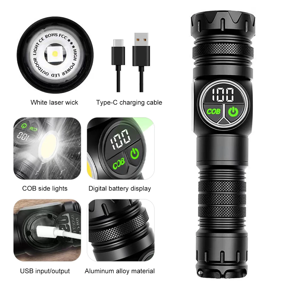 20W LED Camping Powerful Flashlight with COB Sidelight High Brightness Torch Digital Power Display Waterproof for Power Outages