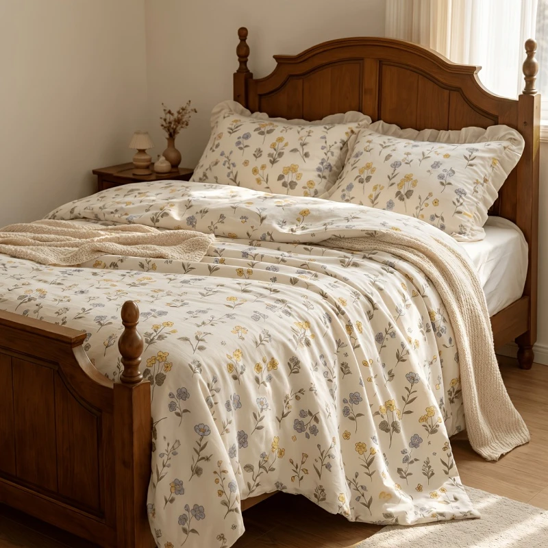 Farmhouse Style Duvet Cover Set, Soft Off-white Base with Light Blue Cream Yellow Floral Sprig Print, 1Duvet Cover  2Pillowcases