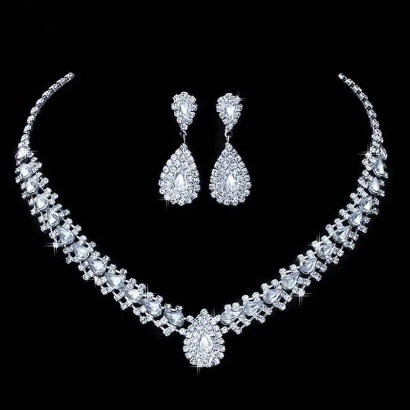 Luxurious Wedding Jewelry Sets for Bridal Bridesmaid Jewelery Drop Earring Necklace Austria Crystal Wholesale Gift