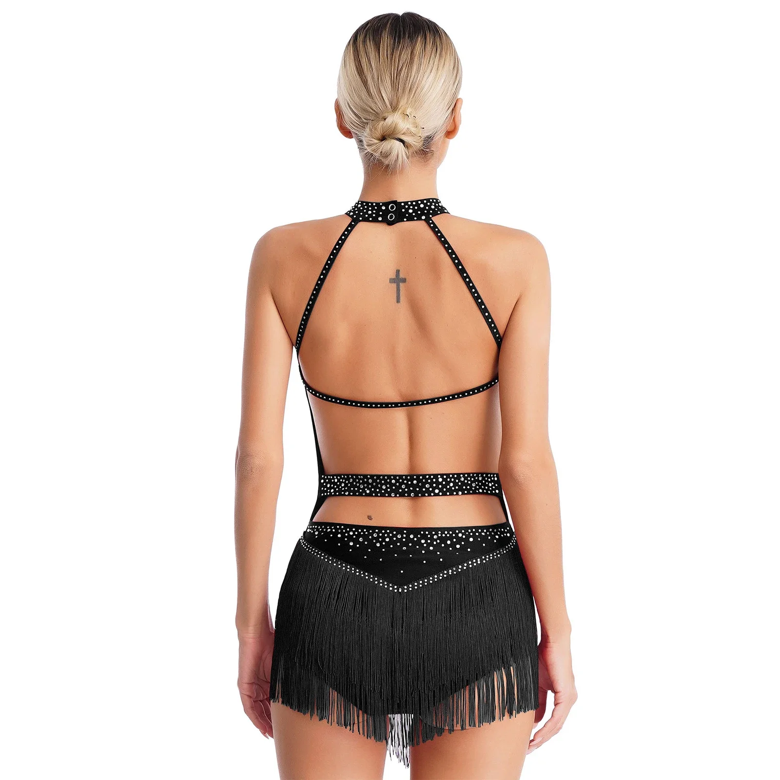 Vestido de baile de Jazz latino para mujer, sin mangas, con lentejuelas y diamantes de imitación, leotardo con borlas, traje de actuación de salón de baile Cha-cha Samba