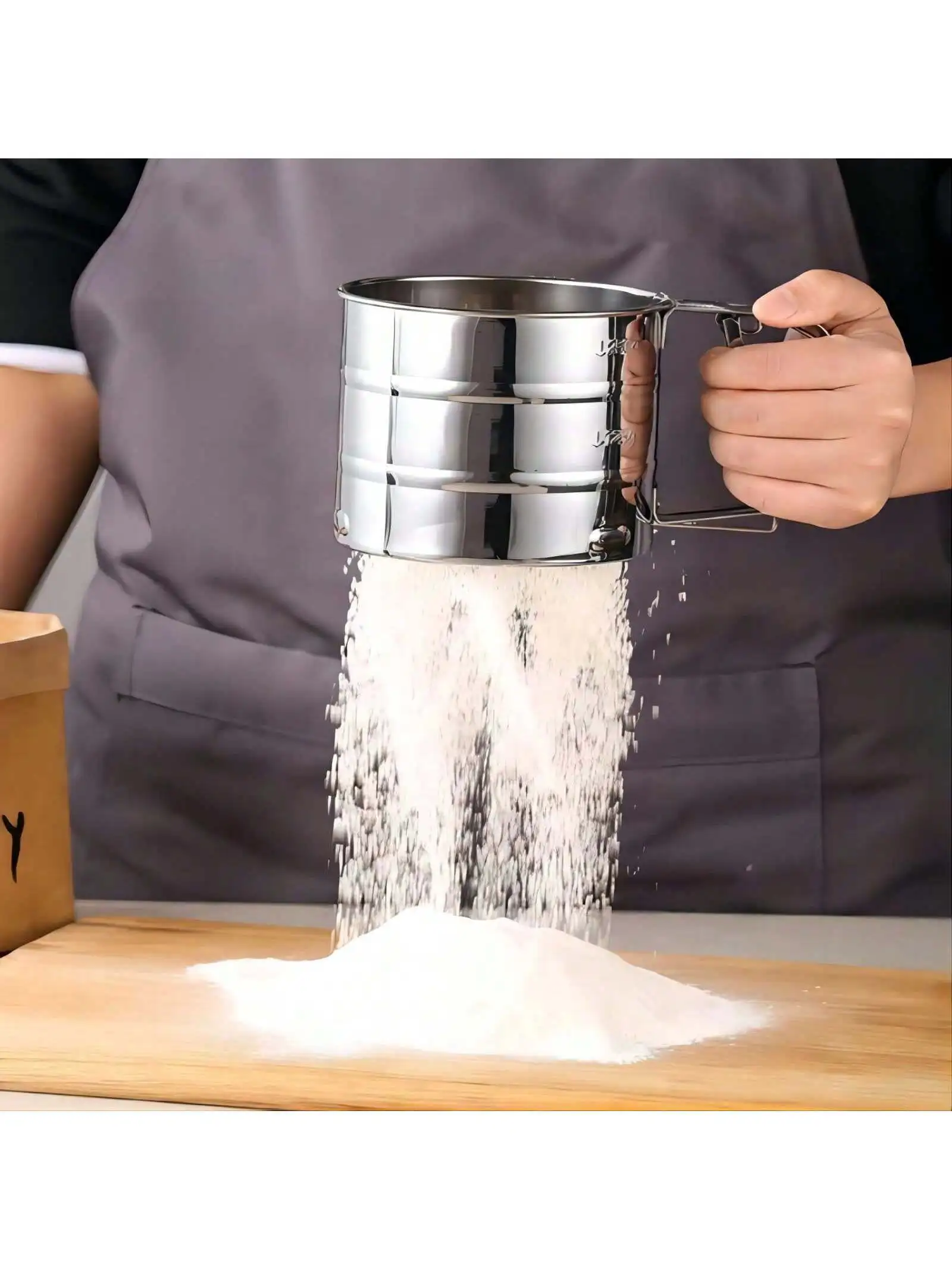 Tamiz de harina semiautomático de mano para hornear de acero inoxidable, tipo prensa manual en forma de taza, 1 ud.