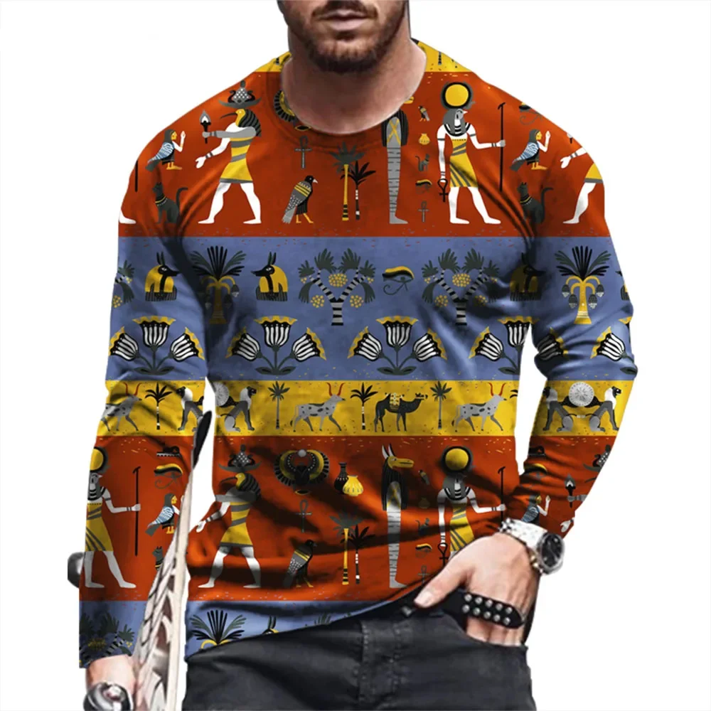 Men Polyester 3D Print Ancient Egypt Graphic Long Sleeve T-shirt Crew Neck Pharaoh Hieroglyph Casual Daily Tops