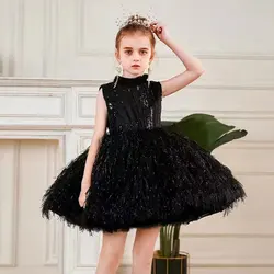 Jill Wish Sparkly Black Arabic Girl Dress Feathers Baby Kids Princess Birthday Wedding Party Children Holiday Gown 2024 J175