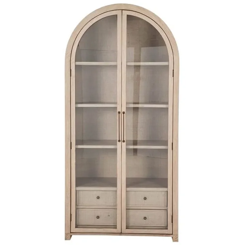 

S American-Style Solid Wood Bookcase Vintage Wine Cabinet Rattan Storage Cabinet Double Door Glass Door Display Cabinet