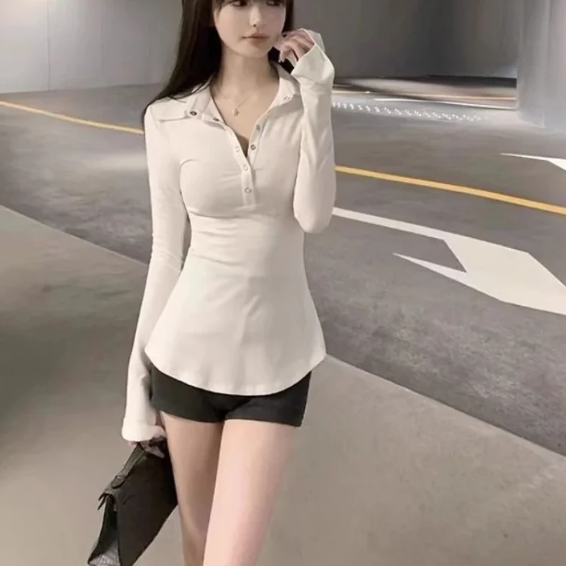 Polo Neck T Shirt for Women Coquette Clothes Sexy Woman Tshirt Trend Plain On Offer New Youth Fashion 2025 Basic Polyester In