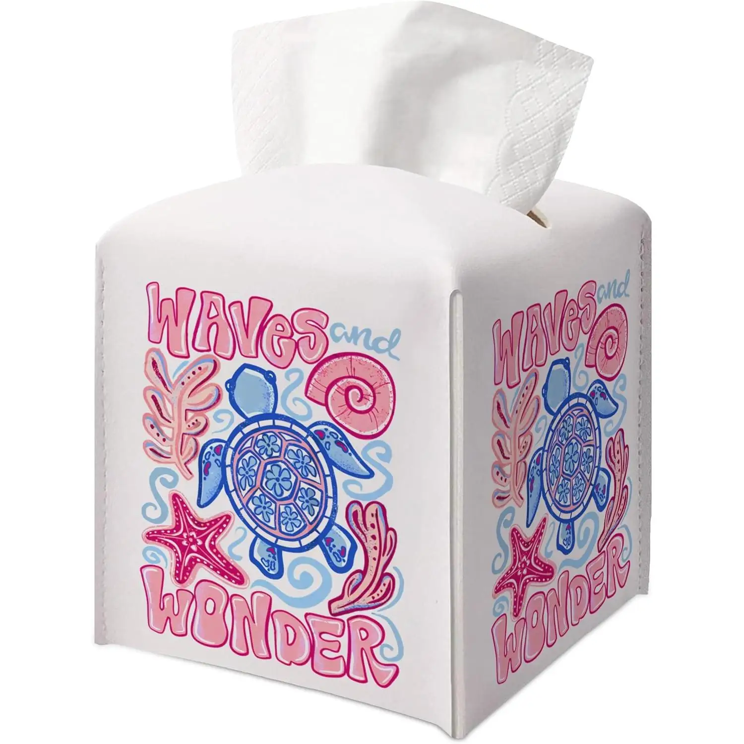 Coastal Beach Tissue Box Cover Girly Ocean Sea Turtle Waves Starfish Seashell Decorative Aesthetic Square Faux Leather Tissue