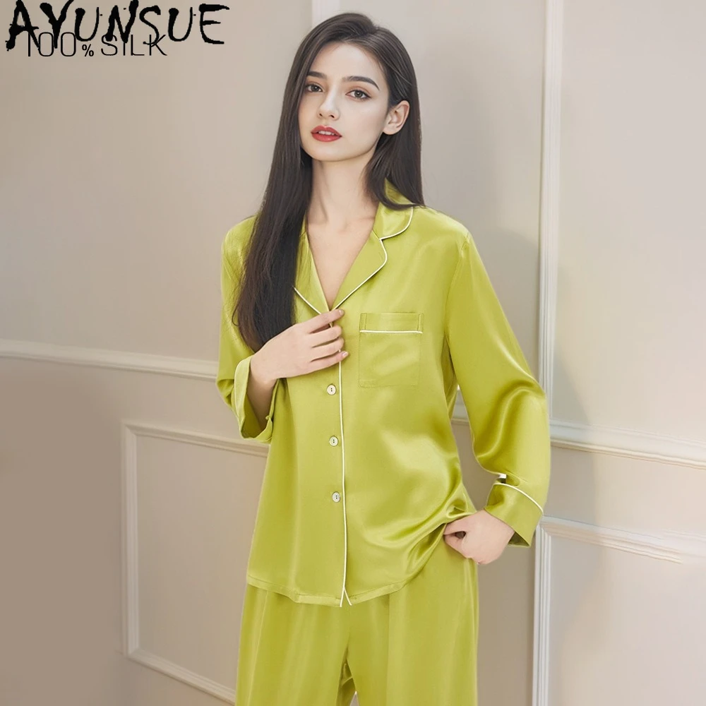 

AYUNSUE 19Mm 100% Mulberry Silk Pajama Sets Sleepwear Women Clothes Spring Summer Womens Tops Casual Long Pants Two-piece Пижам