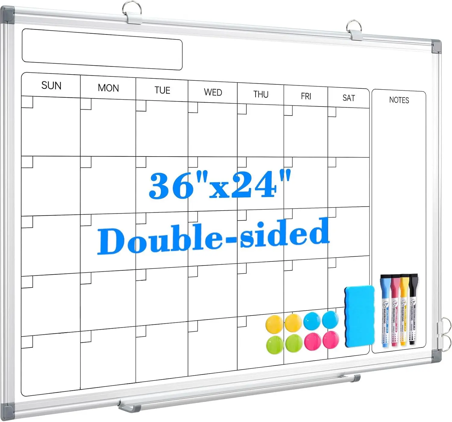 

Double-Sided Monthly Calendar Dry Erase Whiteboard for Wall, 36x24 Inch Magnetic Portable Board with Markers, Eraser, Magnets
