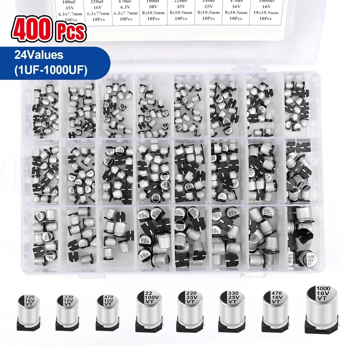 400PCS 1uF~1000uF capacitor kit Aluminum Electrolytic SMD condensadores electrolytes 6.3V-50V 24Value with box kit de reparac