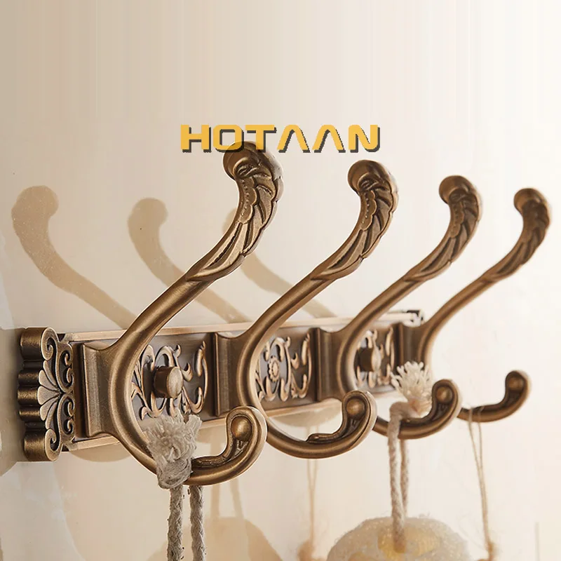 Hotaan Antique Brass Robe Hook Wall Mount Towel Holder Bathroom Accessories Organizer Luxury Clothes Hook Rack YT-3012