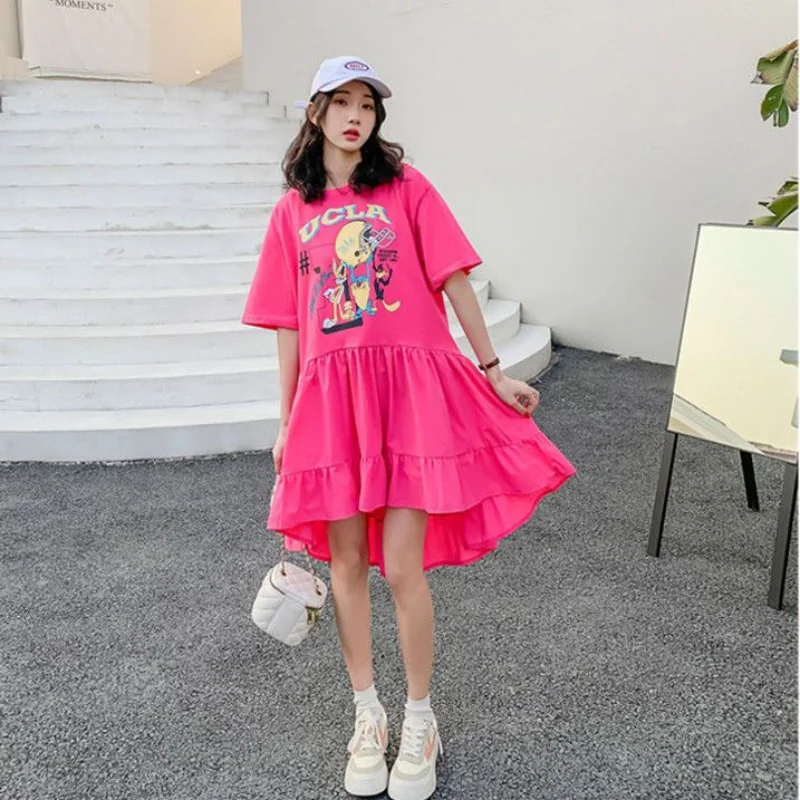 Sommer neue lose Kurzarm druck gekräuselte Kante T-Shirt Kleid solide unregelmäßige Mode Mini kleid koreanischen Trend Frauen Kleidung