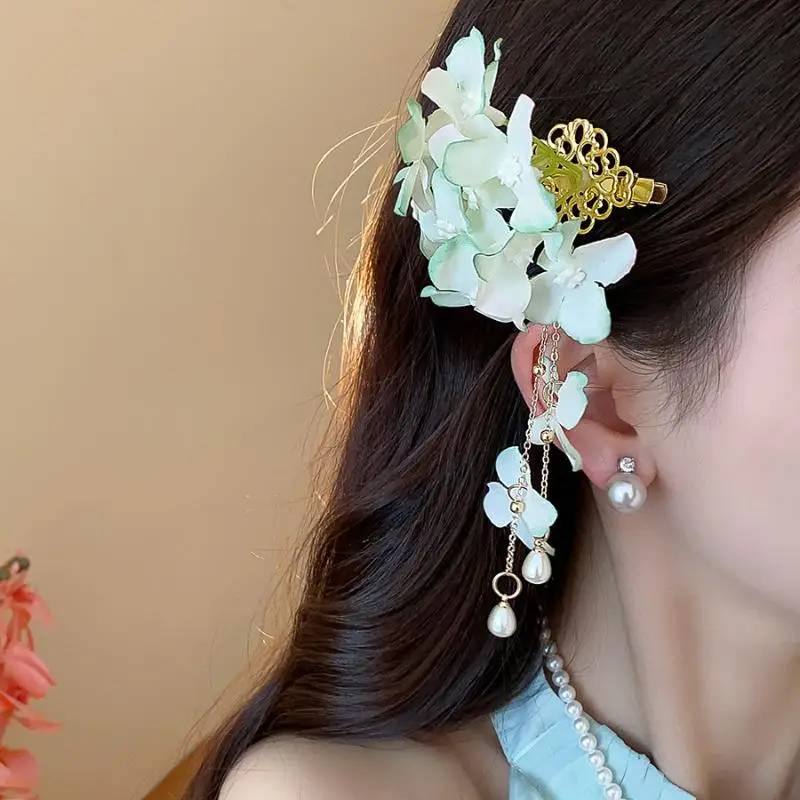 1 Stück Stoffblütenblätter Quasten-Perlen-Haarspange für Damen und Mädchen, süße Entenschnabel-Haarspange für Frühling und Sommer, Haarschmuck – Detail 7