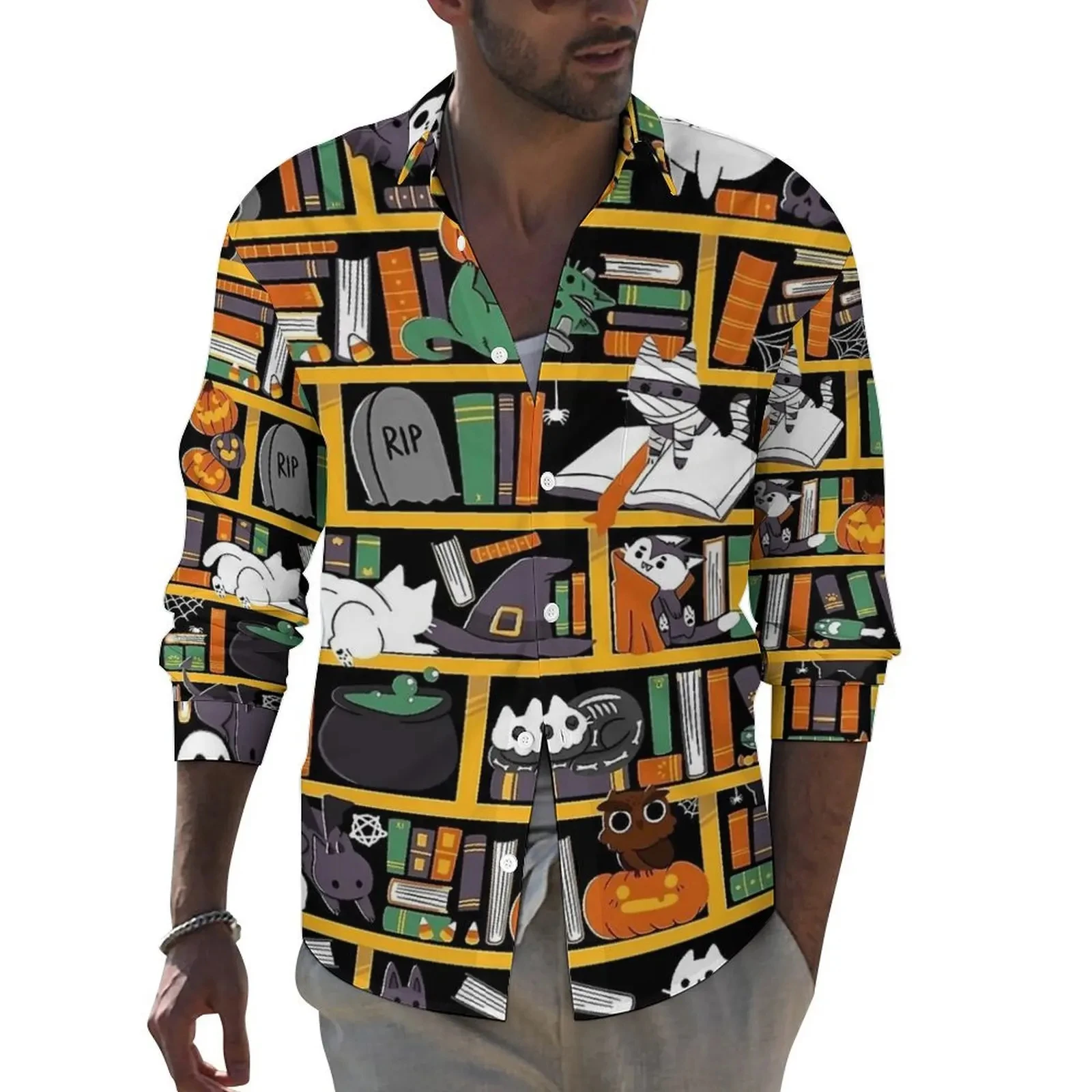 

2025 FashionLibrary Cat Shirt Man Casual Shirts Spring Street Style Graphic Blouses Long Sleeve Fashion Oversized Tops Gift Idea