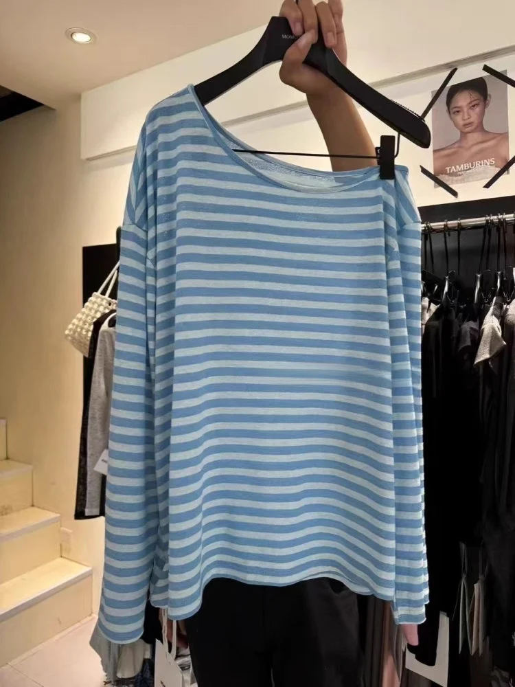 

Summer New Loose Sleeveless Striped Long Sleeve Thin Sun Protection T-Shirt Women's Top Dongda Gate 2026 Commute Style Korean...