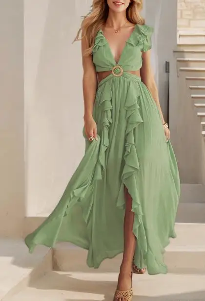 

Women's Dress 2025 Fashion Summer Slim-Fitting Backless Dress, Women's New Style Bohemian Vacation V-Neck Ruffle Slit Long Dress