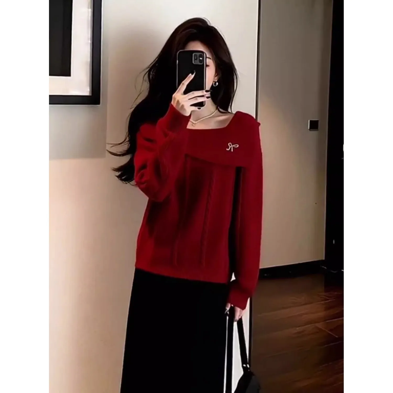 Suéter de punto rojo coreano Sle para mujer, Top cuadrado holgado Ne adelgazante, novedad de Otoño Invierno, Top antienvejecimiento Faion