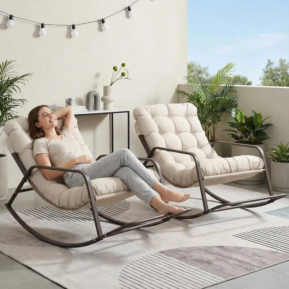

2-Piece Beige Oversized Outdoor Lounge Rocking Chairs with Cushions for Relaxation and Napping