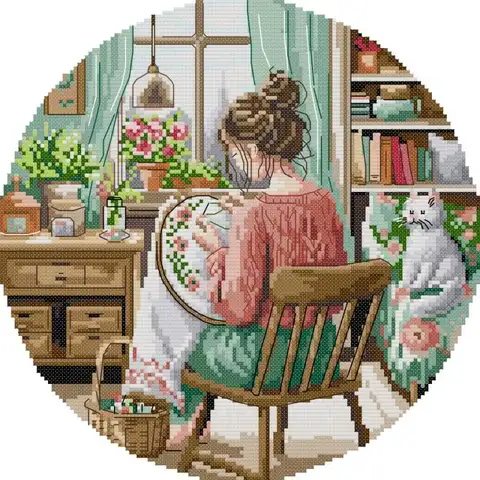 Embroidery Girl Cute Cartoon Character Cross Stitch Kit Aida 14CT 16CT 11CT White Printed Canvas Fabric Cotton Thread Sewing Set