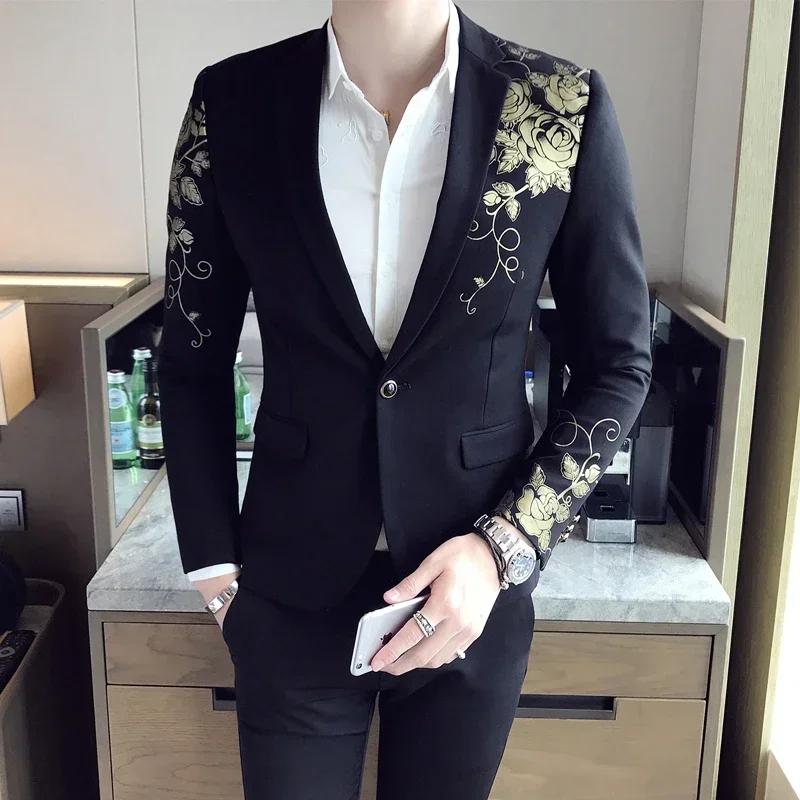 New Luxury Gold Print Blazer Slim Fit Men Blazer Stage Cloth Social Party Wedding Dress Male Black Suit Jacket