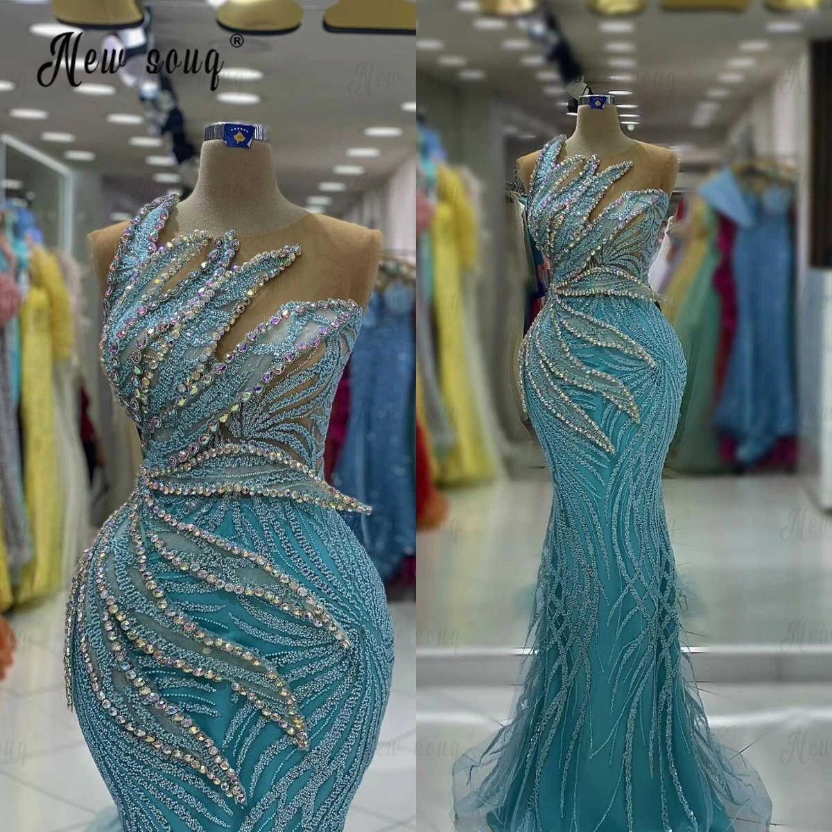 Vestido De fiesta con diseño único De hojas azules, traje Formal De sirena con cuentas y cuello transparente, De lujo, hecho a medida