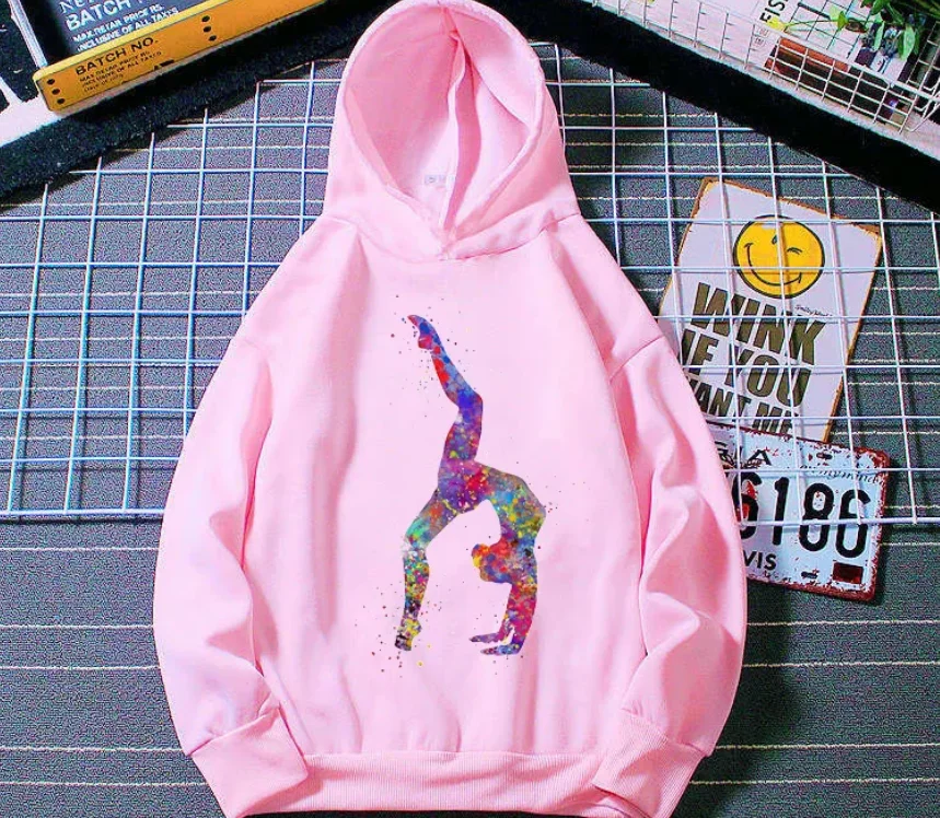 Acquerello ginnastica arte stampa felpe divertenti ragazze palestra amante regalo di compleanno rosa top vestiti spessi bambini felpa con cappuccio