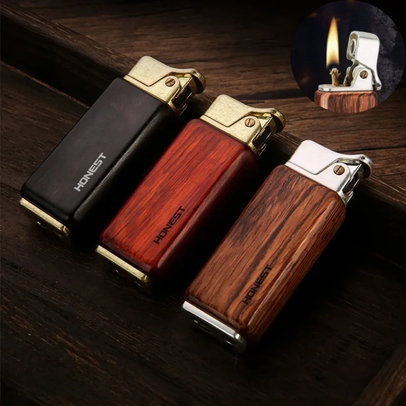 HONEST Nouveau Briquet Rétro en Bois de Santal à Flamme Ouverte, Vintage Nostalgique, Personnalisé, Allumage par Pression, Briquet en Bois pour Homme, Cadeau pour Fumeurs