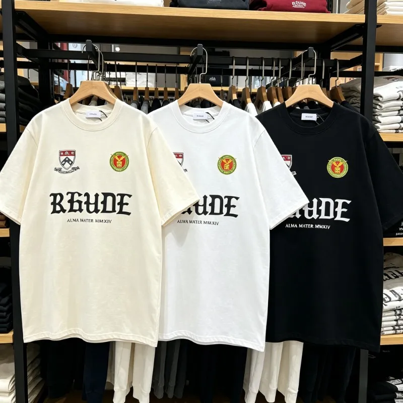 Vintage Rhude University Style Crest T-shirt High Quality Crew Neck Short Sleeve Cotton Casual Top with Alma Mater Vibe