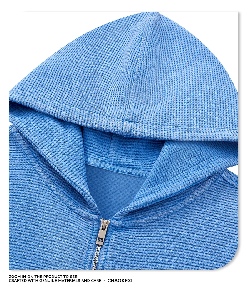 Waffle Knit Full Zip Hoodie for Men Vintage Washed Hooded Sweatshirt Casual Loose Cotton Kangaroo Pocket Streetwear Clothes