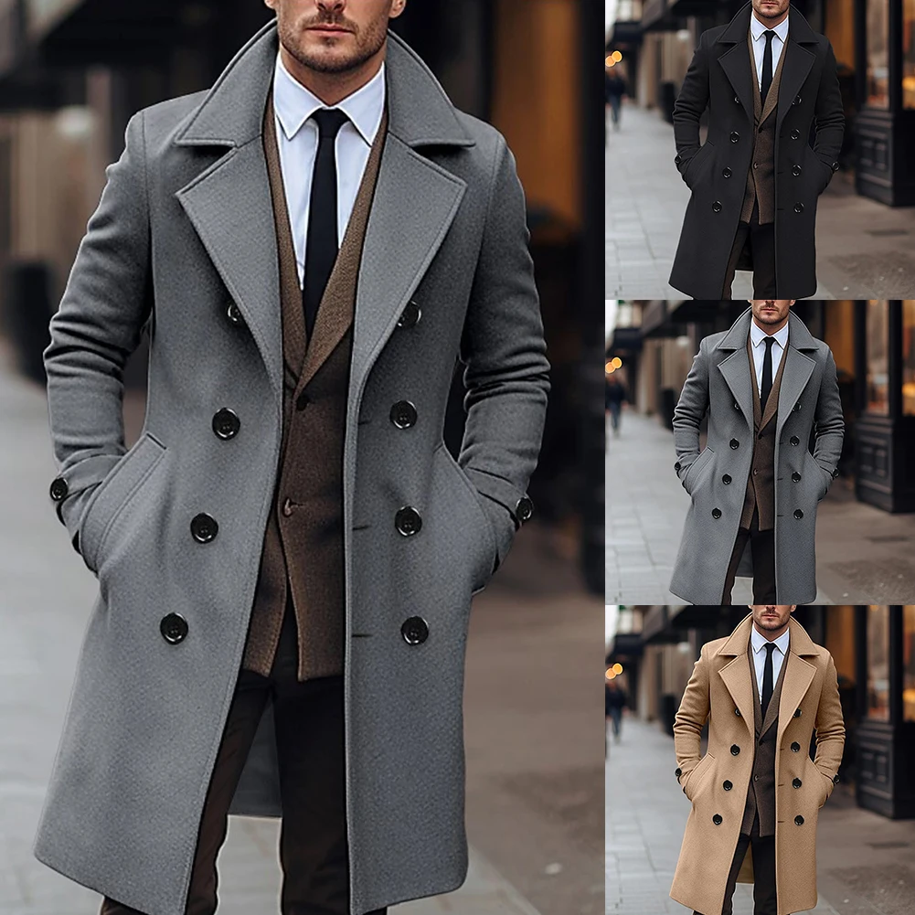 

Mens Winter Double-breasted Lapel Trench Business Lounge Gentleman Thermal Coat Solid Color Jacket Seamless Outwear Men's Trench