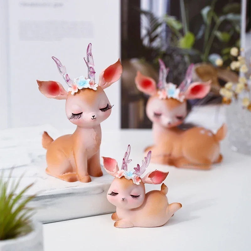 10cm Resin Deer Figurines for Fairy Garden DIY Fawn Sculpture Home Cake Party Decor Office Desk Ornament  Birthday Gift