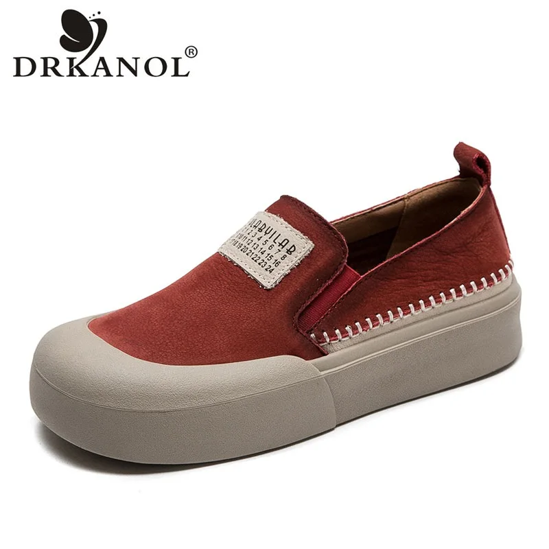 

DRKANOL 2024 Handmade Slip On Loafers Women Flat Shoes Literary Style Genuine Cow Leather Low Top Comfort Soft Casual Shoes