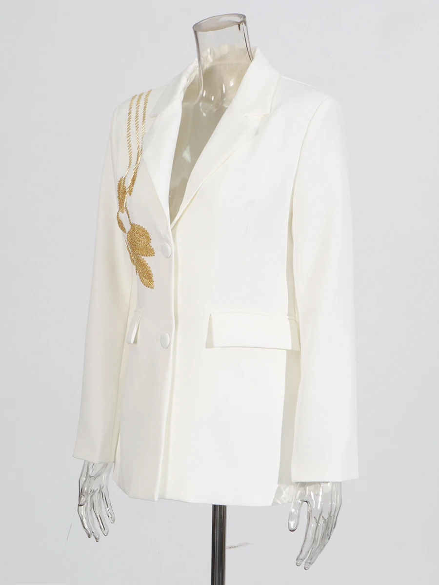 CHICEVER ソリッドスプライシング刺繍ブレザー女性のためのラペル長袖気質イブニングコートポケット女性のファッションスタイル